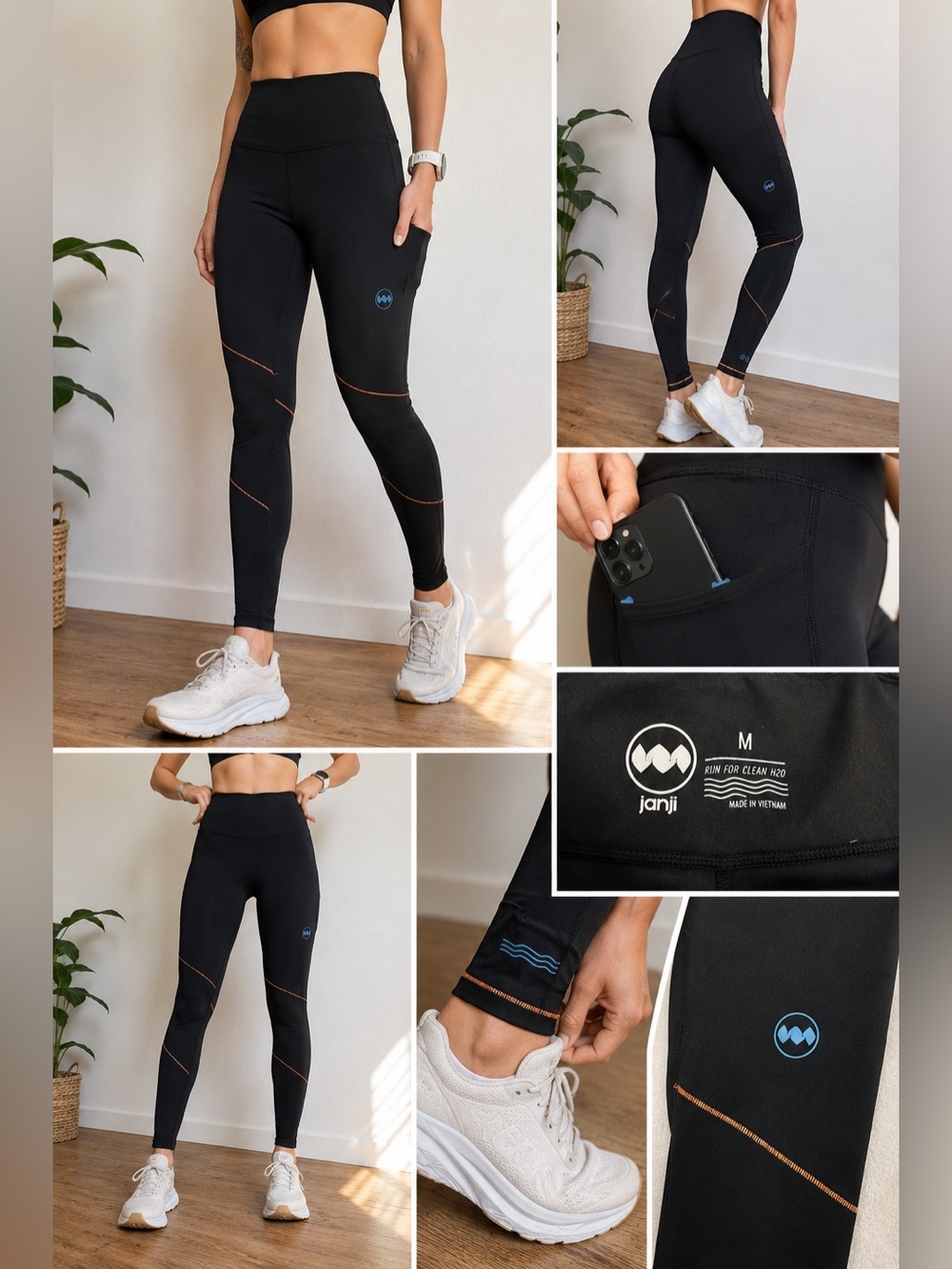 Janji Black High-Waist Running Leggings with Orange Stitching and Blue Logo
